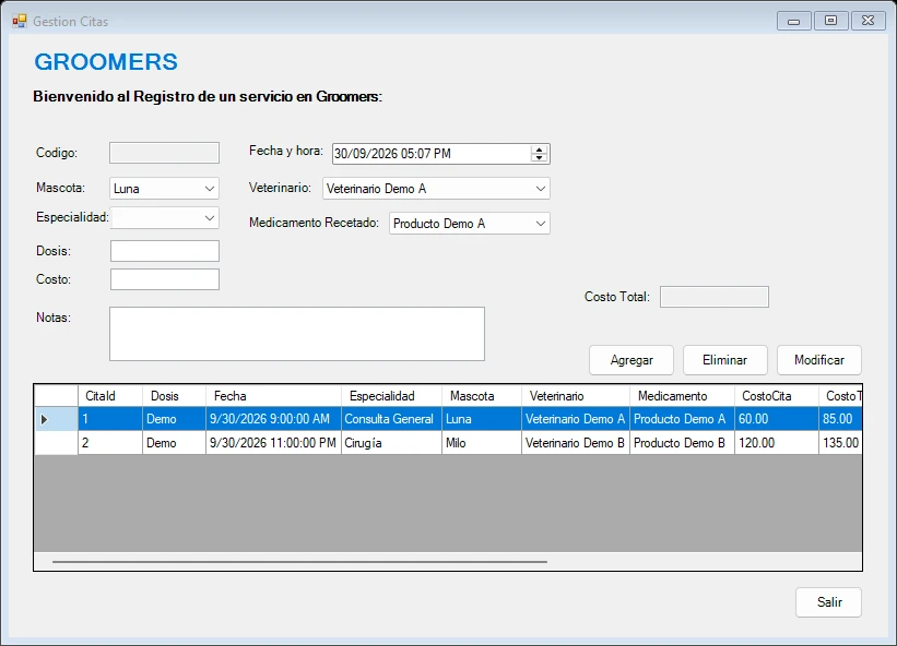 Groomers — evidencia visual del proyecto