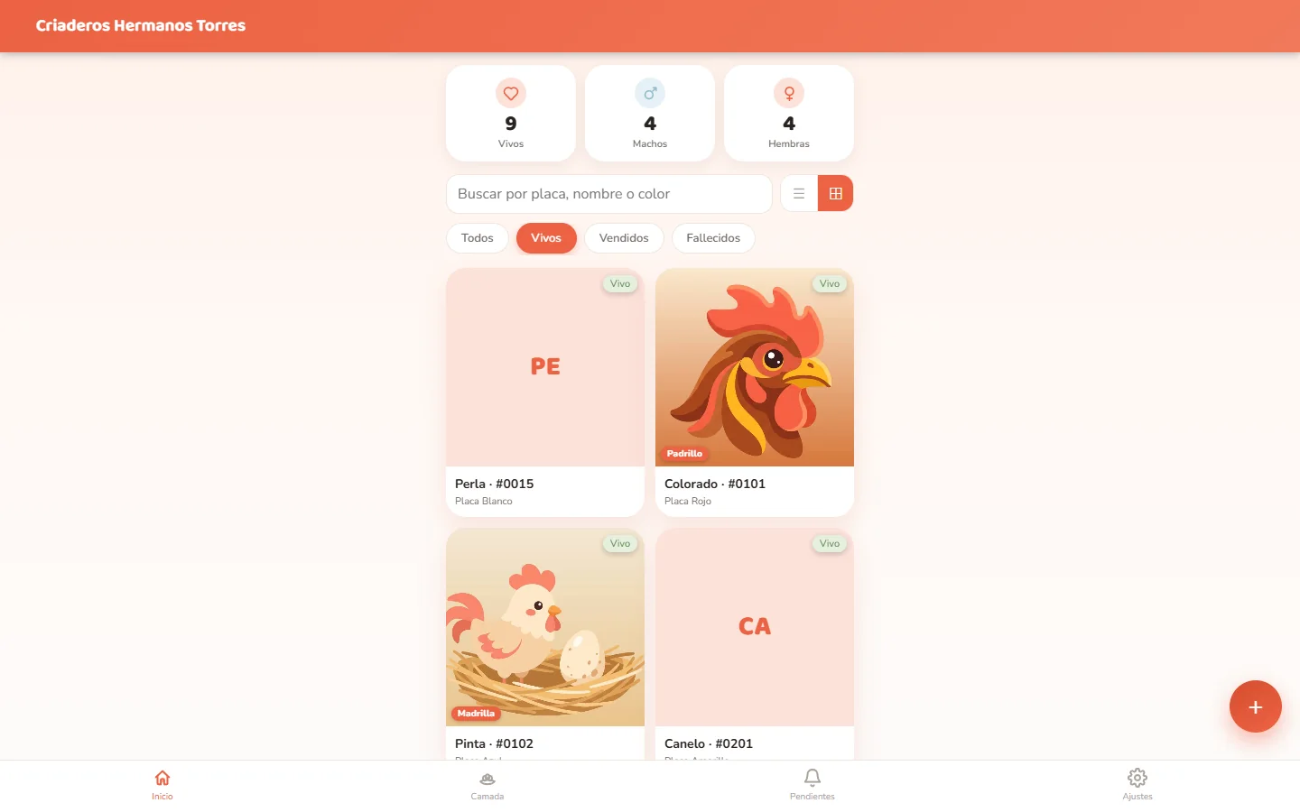 La app del criadero abierta en un navegador de escritorio.