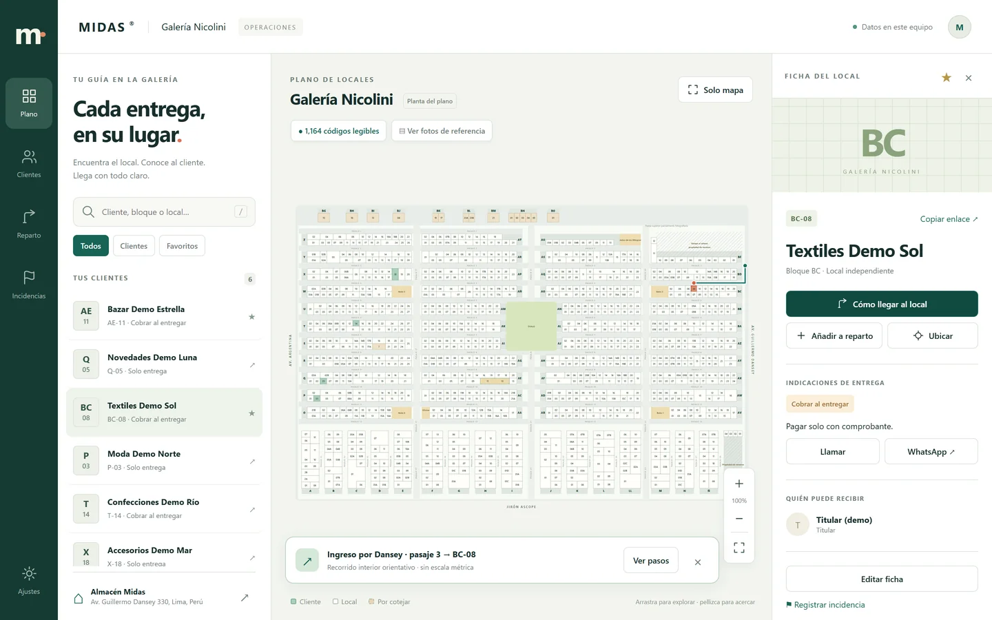 Escritorio: clientes, el plano con una ruta y la ficha de un local.