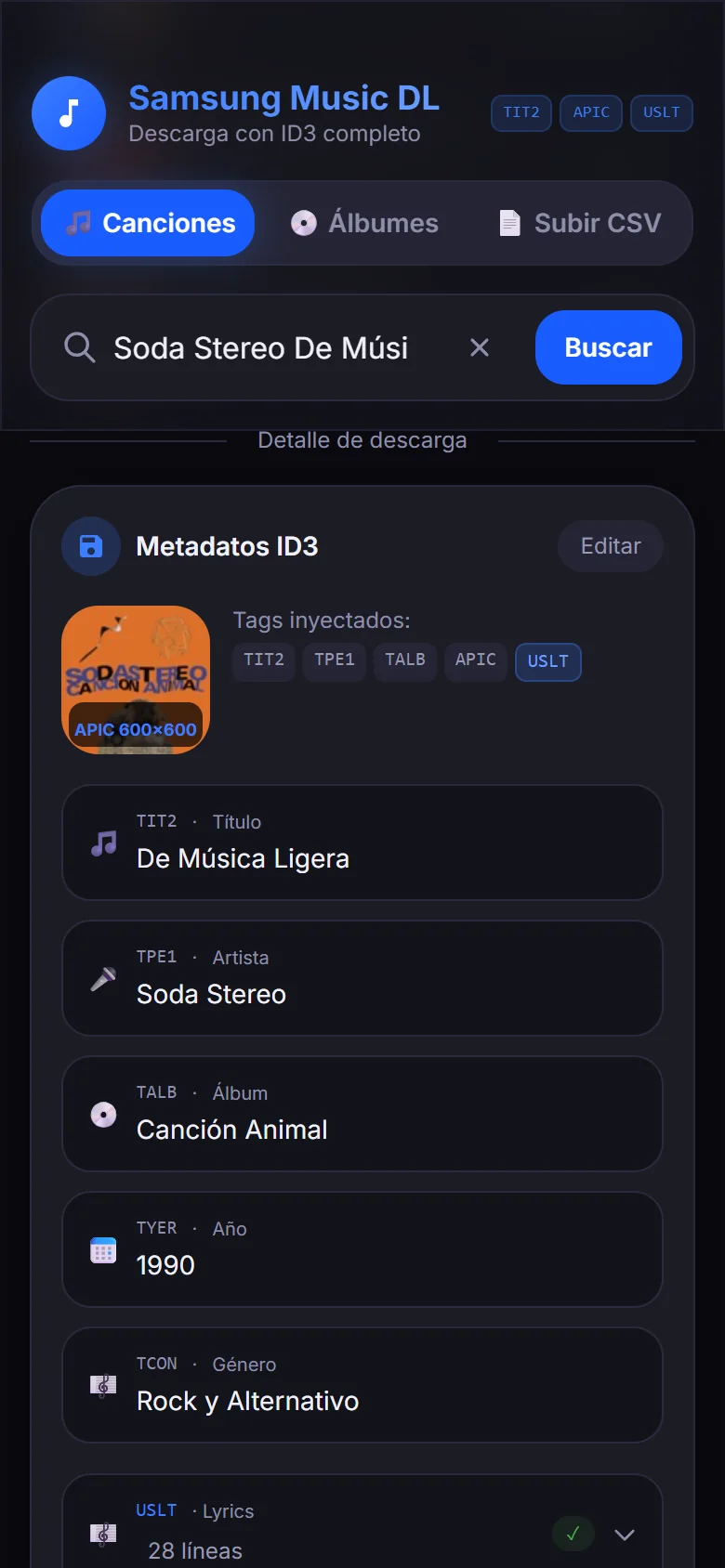 Los metadatos que se escriben en el archivo: título, artista, álbum, año, género, portada y letra.